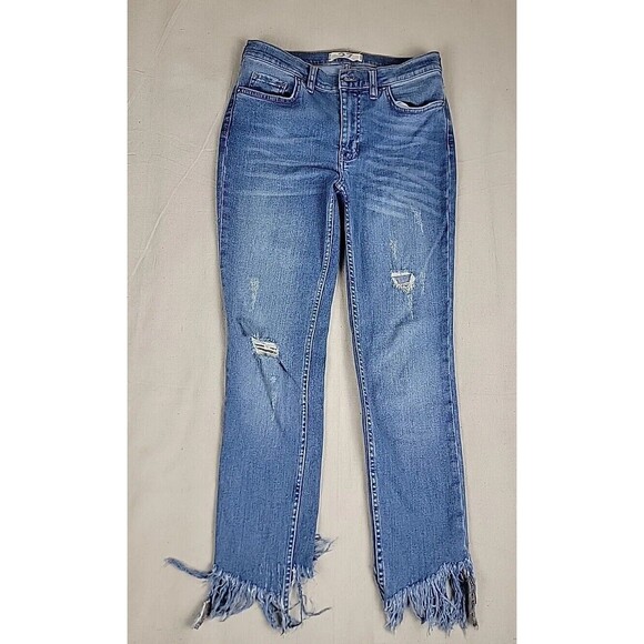We The Free Jeans Womens 28x26 Crop Distressed Blue Mid Rise Frayed Stretch Boho - Picture 1 of 14